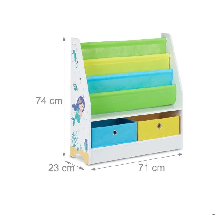 Relaxdays Etagère enfants, motif mer, 2 boîtes, 2 compartiments, rangement jouets, bibliothèque 74x71x23 , coloré-3