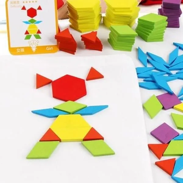 Jeu en bois formes géométriques - Montessori - Reproduction d'images - 155 pièces - 24 cartes - Bois-1