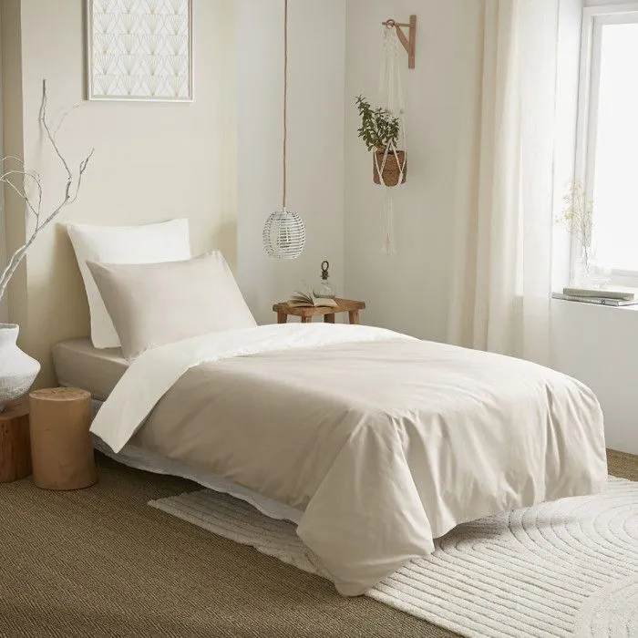 Pack complet 4 pièces Lin/Blanc réversible housse de couette pour lit 90 x 190 cm-0
