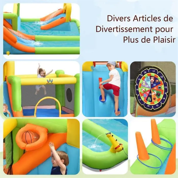 COSTWAY Aire de Jeux Gonflable avec Souffleur 680W Parc Aquatique Double Toboggans Panier de Basket, Lanceur de Points Balles Cibles-1