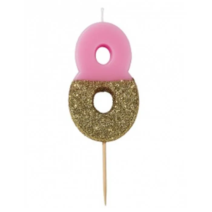 Bougie sur pique chiffre 8 rose et dorée pailletée - Décoration de fête-0