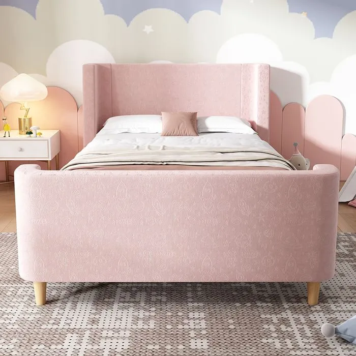 Lit d'enfant - GUTENT - Traîneau - 90 x 200 cm - Velours doux - Rose-1