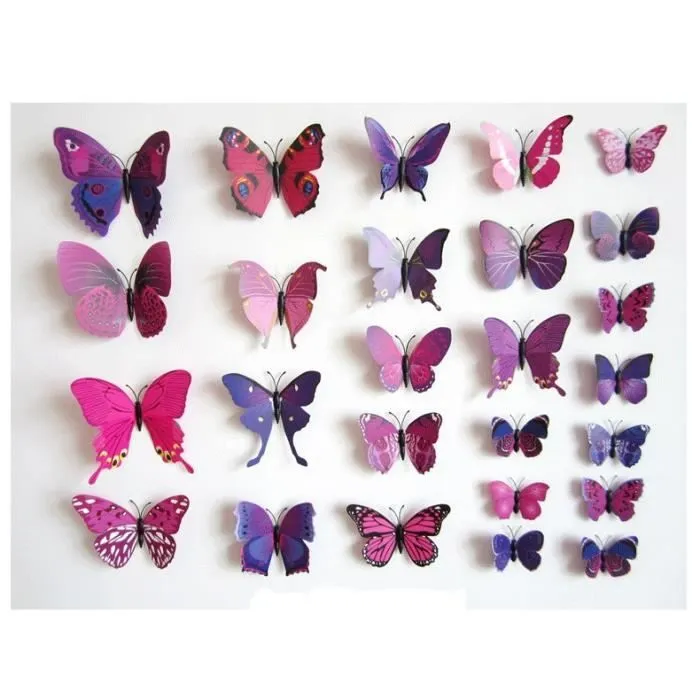 Décoration murale - TRIXES - Lot de 12 Papillons Magnétiques 3D - Rose et Violet - Asymétrique - Contemporain-2