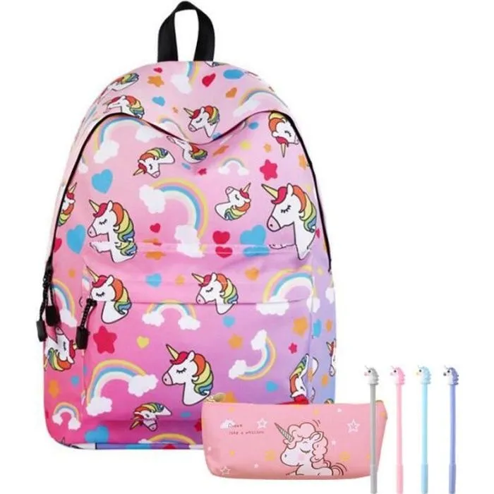 ROSE Sac à Dos Enfant Fille Adolescent Licorne Sac à Voyage Sac d'École, 1 Trousse à Stylo, 4 Stylo à Encre Noire 0.5 mm-0
