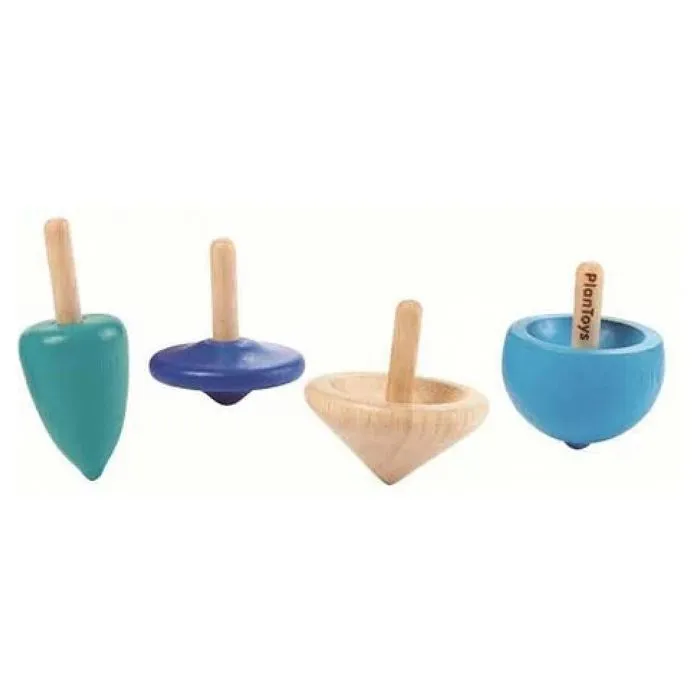 Jeu de 4 mini toupies en bois - Plan Toys - PT4132 - Motricité fine - Boîte métallique-0