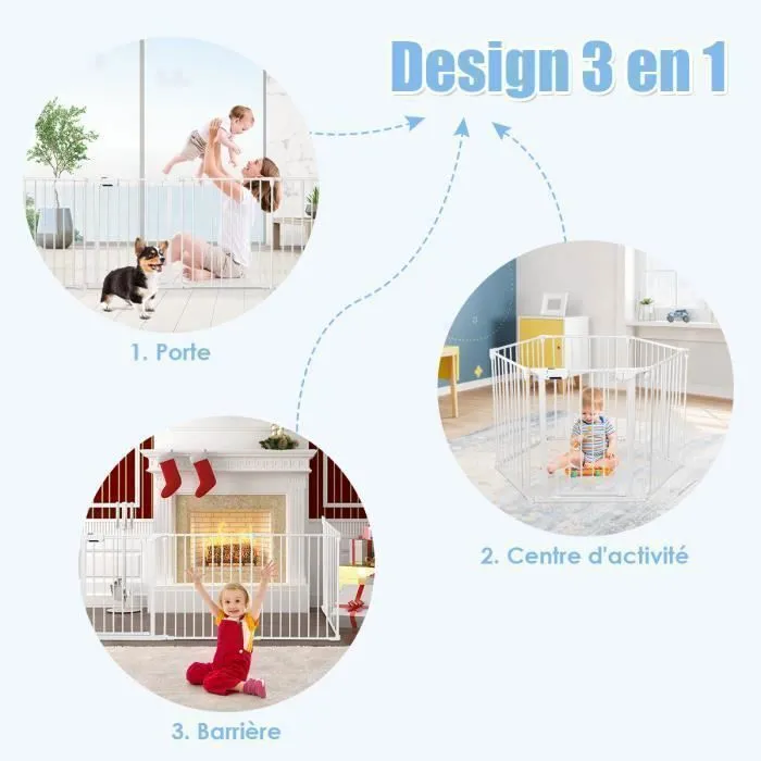 Barrière de Sécurité Pliable COSTWAY-Pare Feu de Cheminée 380 cm-6 Panneau-Verrouillage Manuel-pour Enfant, Chien, Chat-Métal-Blanc-1
