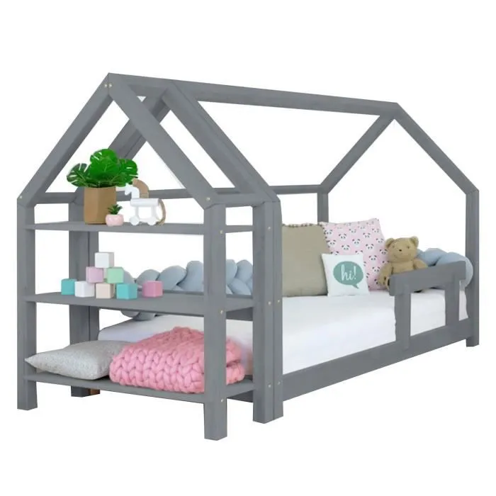 Lit cabane en bois TERY avec étagère - GENERIQUE - 90x180 cm - Gris - Capacité de charge 150 kg-0