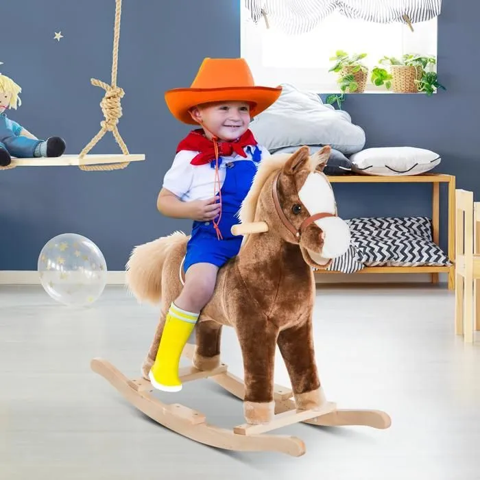 Cheval à bascule cheval de cowboy selle grand confort peluche courte douce bois peuplier brun blanc-1