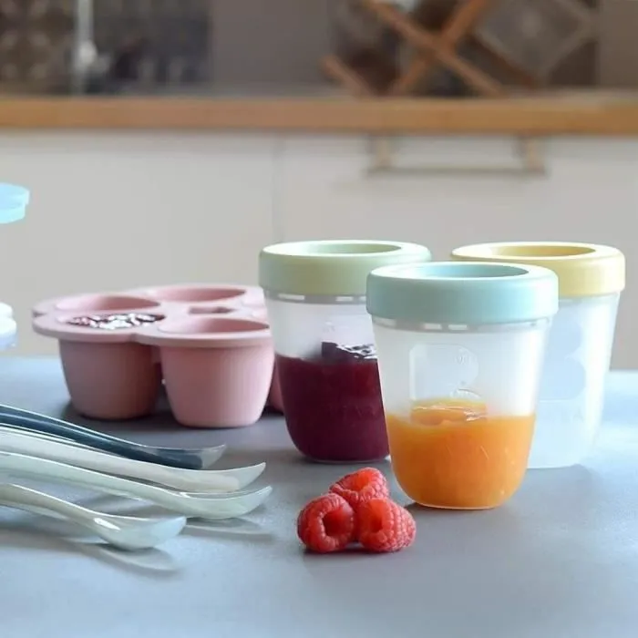 BEABA Multiportions en silicone de qualité premium, résistance thermique, couvercle hermétique, Fabriqué en Italie, 6x90 ml rose-4