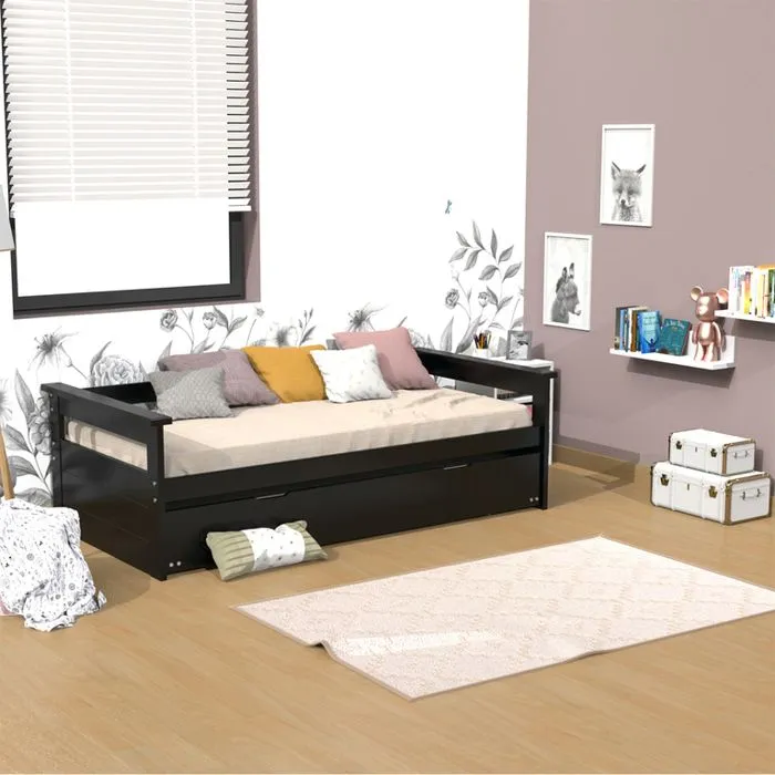 Lit gigogne banquette ALFONSO - DREAMEA - 90x190cm - A lattes - Noir - Avec tiroirs-2