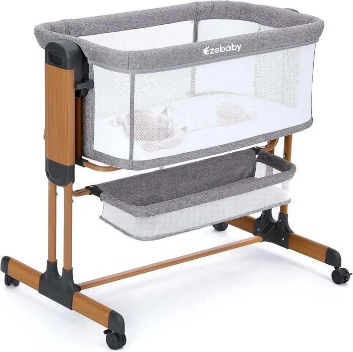 Lit Bébé 3 en 1, Couffin à Bascule, Berceau pour Nouveau-né pour la Maison et Les Voyages avec Roues Réglables en 7 Hauteurs, Gris-0