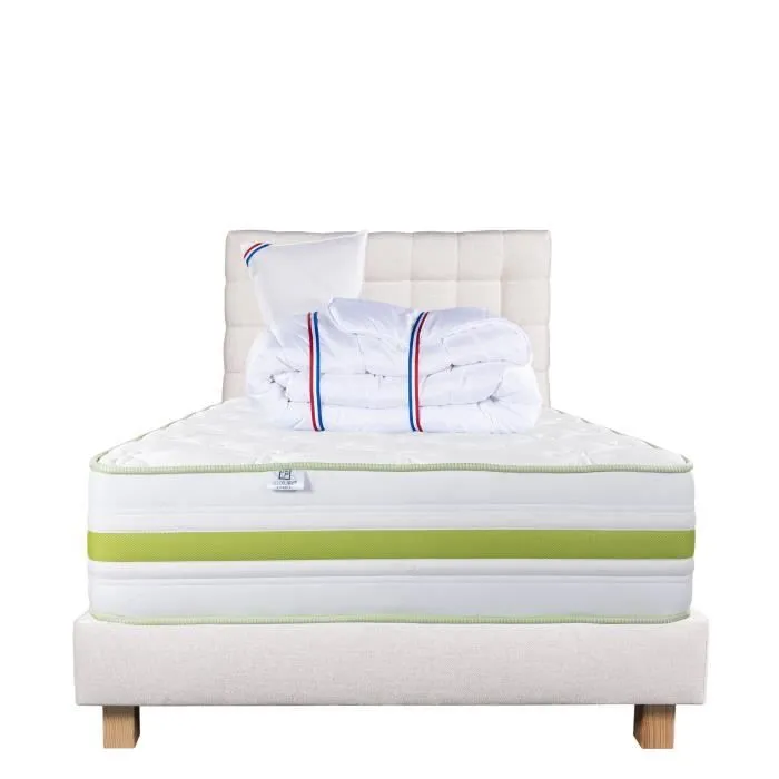 Ensemble Matelas Rêverie 90x190 cm + 2 Oreillers + Couette + Sommier + Tête de Lit Beige-1