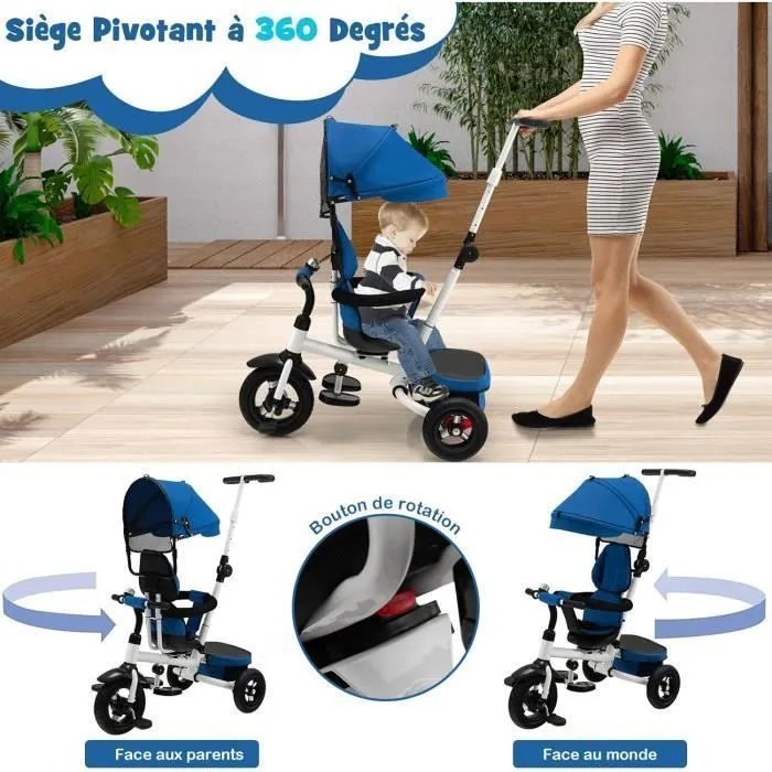 COSTWAY 4 en 1 Tricycle Bébé Évolutif 1-5 ans, Draisienne Vélo Pliable Enfants, Siège Réversible, Panier, Poignée Réglable, Bleu-2