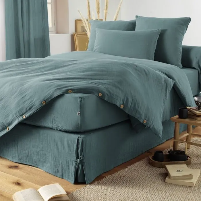 Drap Housse Double Gaze de Coton Bleu canard – 90 x 190 cm – Bonnet 30 cm-2