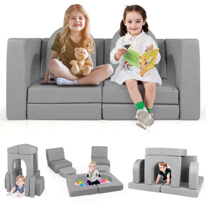 COSTWAY Canapé Bebe Modulaire pour Enfants 8 Pièces Convertible en Mousse, pour Grimper et Ramper, Tissu en Daim Confortable Gris-0