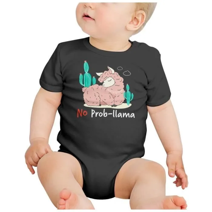 Body Bébé Manche Courte Noir No Prob-llama Dessin Lama Illustration Cactus Chill-1