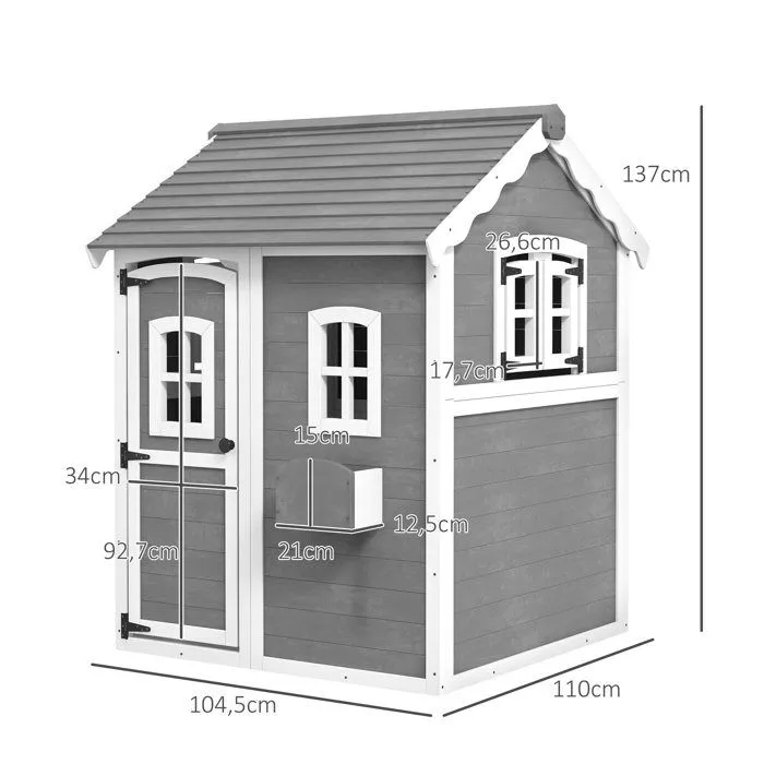 Cabane enfant extérieur Outsunny maison enfant extérieure, avec porte, fenêtres, bac à plantes, plancher - en bois gris-3
