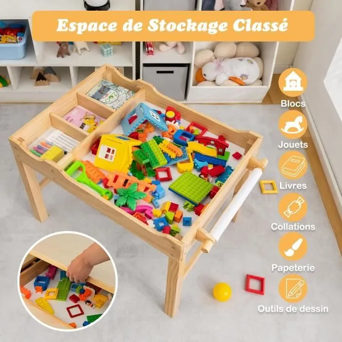 COSTWAY 2 en 1 Table pour Enfants avec Plaques lego, Rangement Caché, Plateau Réversible avec Rouleau de Papier pour Dessiner 3 Ans+-2