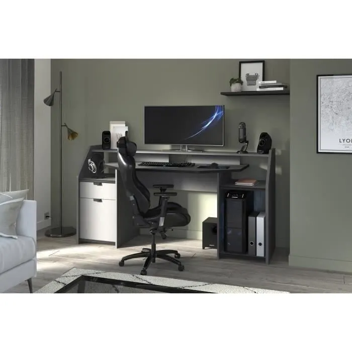 Bureau gamer Gaming - Panneaux de particules - Gris ombre et noir - L 180 x P 67 x H 92 cm - PARISOT-1