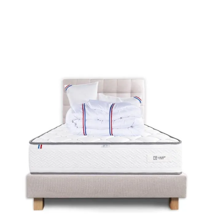Ensemble Luxury Literie Matelas Iris 140x190 cm, 2 Oreillers, Couette, Sommier, Tête de Lit Beige-0