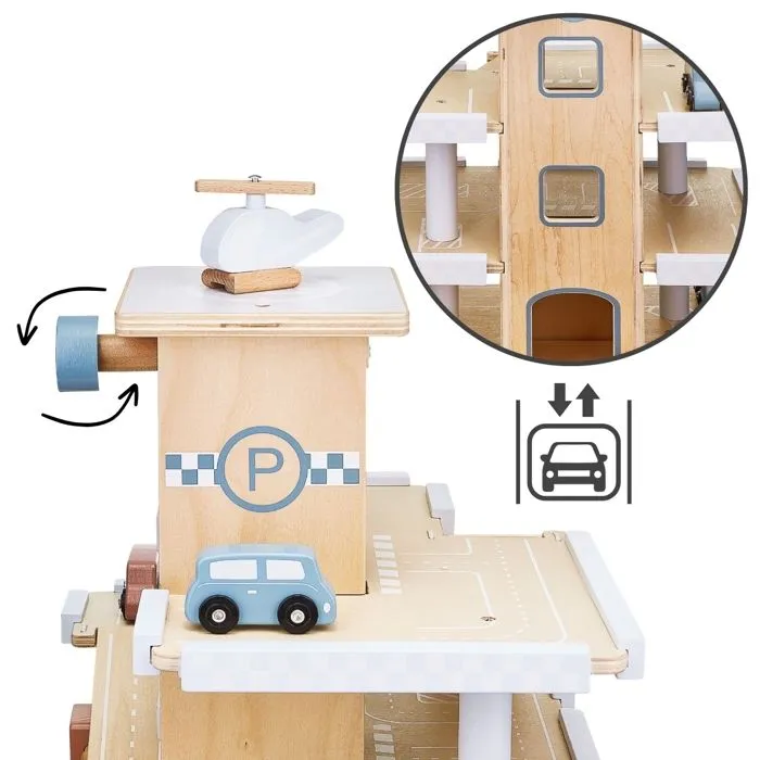 Mamabrum Garage pour Voitures en Bois – Parking avec Piste d'Atterrissage 4 Voitures 1 Hélicoptère 1 Pompe à Essence & Accessoires-4