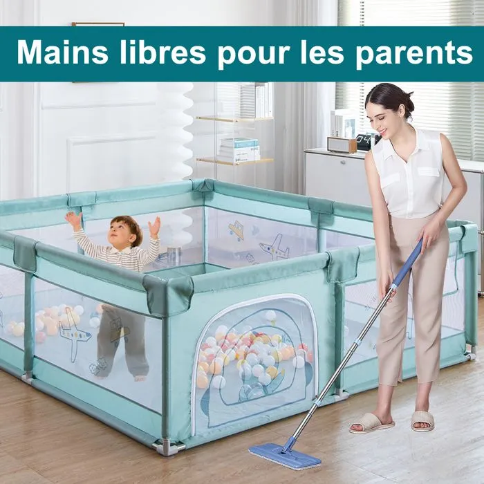 Parc Bébé avec 60 boules-Avec Tapis-2 Anneaux de Traction-Portable Centre d'activités Pour Enfants-180x200x65cm-Vert-2