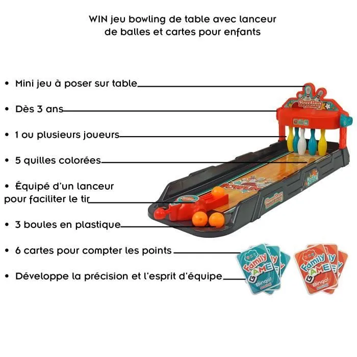 WIN Jeu bowling de table avec lanceur de balles et cartes pour enfants-1