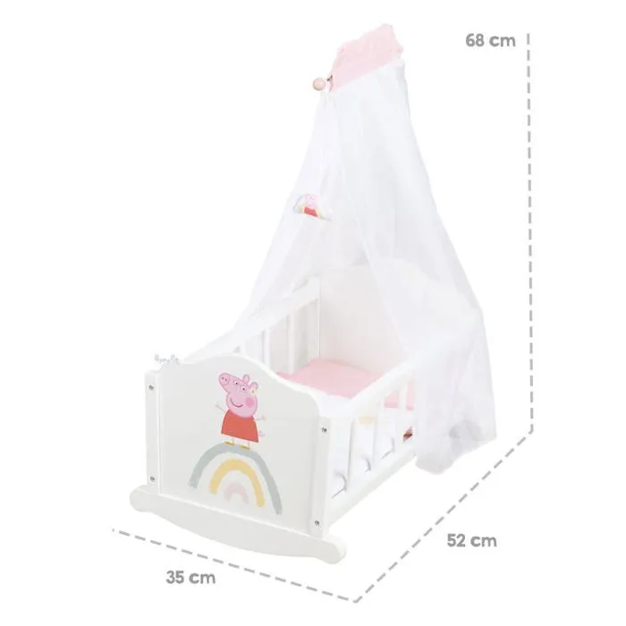 Berceau de Poupée Peppa Pig en Bois - Linge de Lit Inclus - Motif Truie - Nurserie poupon - Blanc - Rose - ROBA-4
