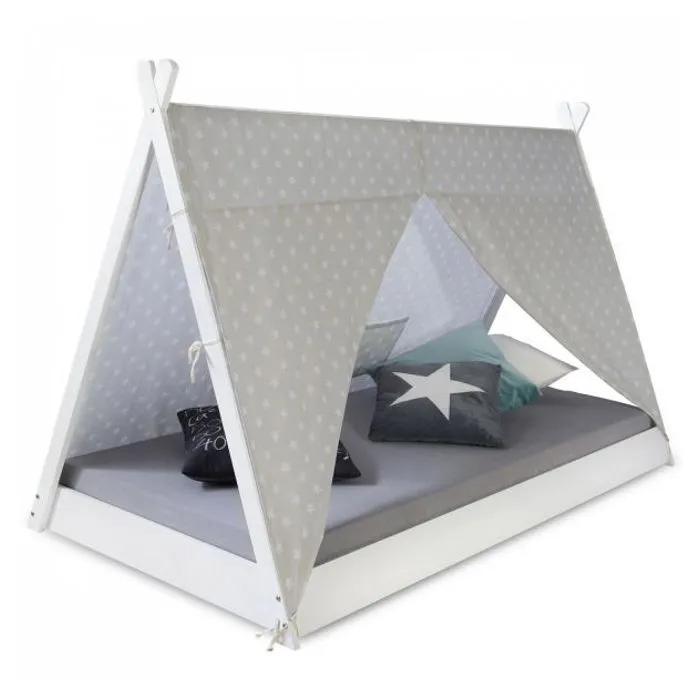 HomeStyle4U - 2084 - Lit enfant tipi avec matelas lit tente 90x200 lit ado toile gris blanc étoiles-0