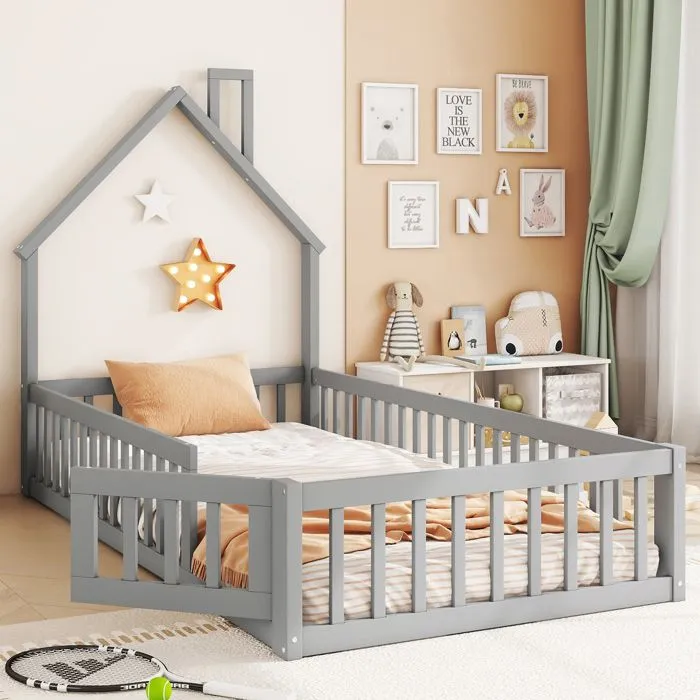 Lit enfant - Lit cabane - 90x200cm - Bois massif - Gris - Avec sommier à lattes-0