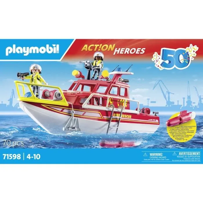 PLAYMOBIL 71598 Bateau de sauvetage et pompiers, Les pompiers, Action Heros, Dès 4 ans-7