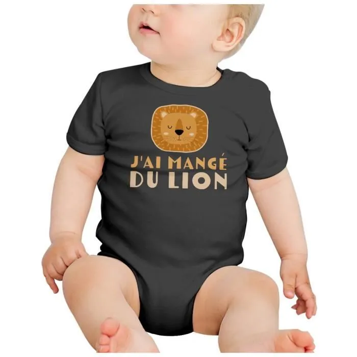 Body Bébé Manche Courte Noir J'ai mangé du Lion Enfant Dessin-1