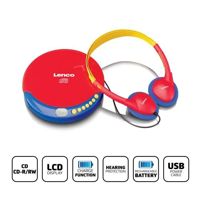 Lecteur CD portable pour enfants avec casque, piles rechargeables et limiteur de son intégré - Lenco - CD-021KIDS - Multicolore-2