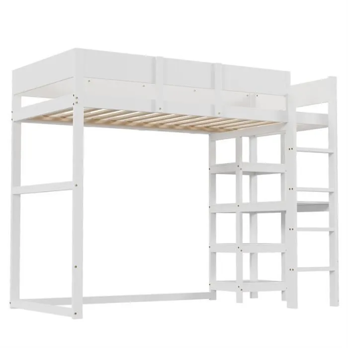 Lit mezzanine 90x200cm - lit enfant en pin massif avec sommier à lattes, échelle et étagères de rangement - blanc-2