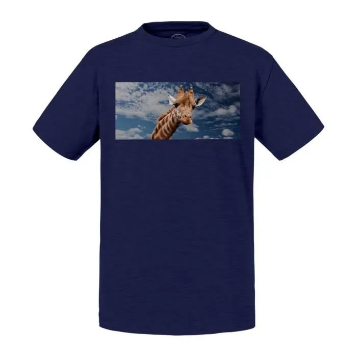 T-shirt Enfant Noir Tete de Girafe Afrique Savane Ciel Bleu Animal Sauvage Nature-0