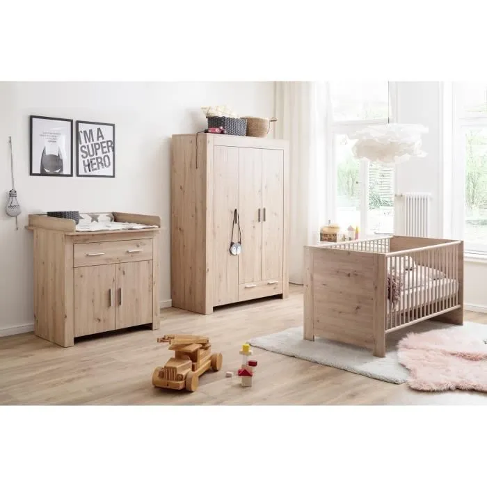 Chambre bébé Trio : Lit 70 x 140 cm + Commode à langer + Armoire AHOI - Chêne - TREND TEAM-0