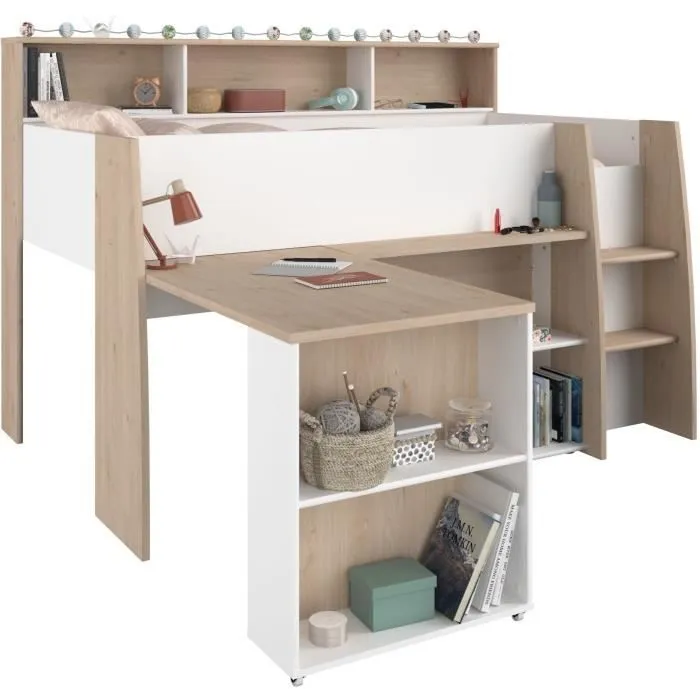 PARISOT Lit combiné enfant avec bureau rétractable - Décor blanc et chêne - 90x 200 cm - Sommier inclus -THEO-5