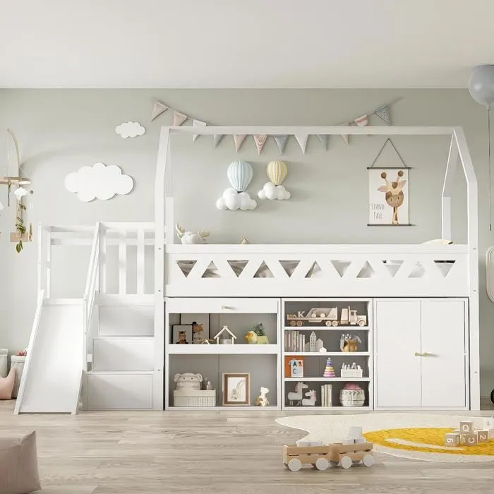Lit mezzanine - Blanc - 90x200 cm - avec toboggan et escalier - rangement intégré - bois massif-0