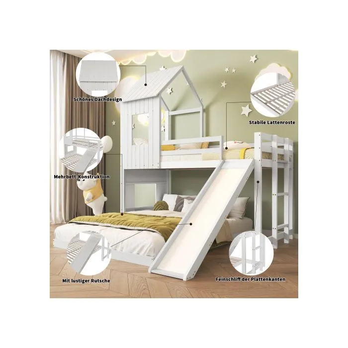 Lit superposé avec toboggan Lit superposé avec rails de protection contre les chutes, avec fenêtre et toit, pin, blanc-4
