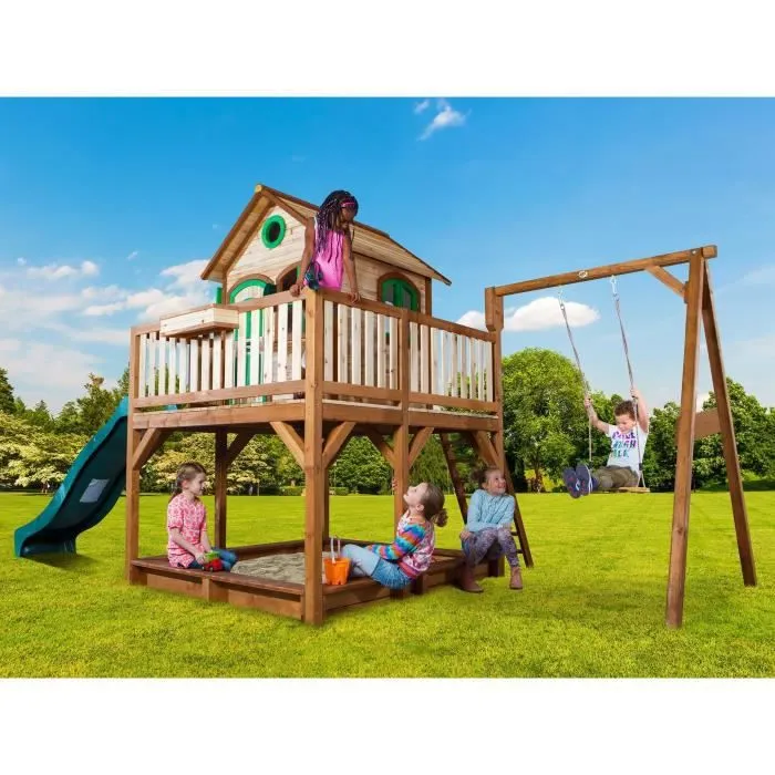 AXI Liam Maison Enfant avec Bac à Sable, Balançoire & Toboggan vert | Aire de Jeux pour l'extérieur en marron & vert | Maisonnette-1