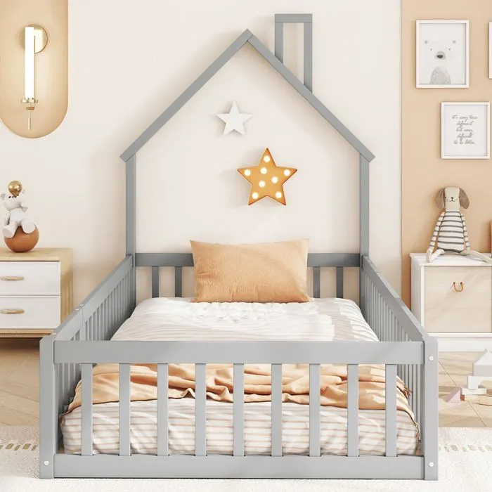 Lit enfant - Lit cabane - 90x200cm - Bois massif - Gris - Avec sommier à lattes-2