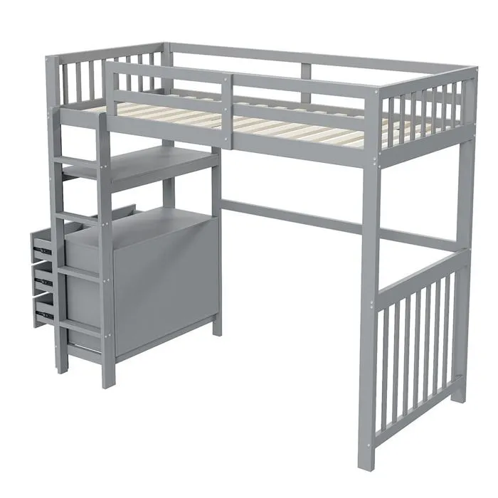 Gutent Lit mezzanine 90x200cm, Échelle de sécurité, Tiroirs et étagères, Lit simple,Gris-3