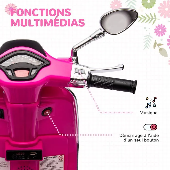 Scooter électrique enfant AIYAPLAY Vespa 6 V dim. 107L x 47l x 73H cm Musique MP3 Port USB Phare 2 roulettes, pour 3-6 ans, Rose-5