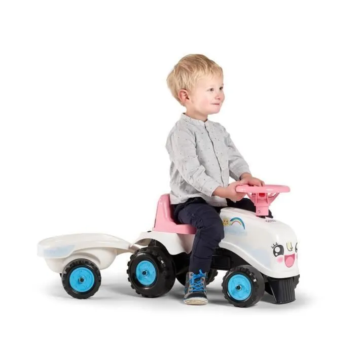Porteur Tracteur Rainbow Farm avec remorque - FALK - Pour filles dès 1 an - Formes rondes et couleurs pastels-4