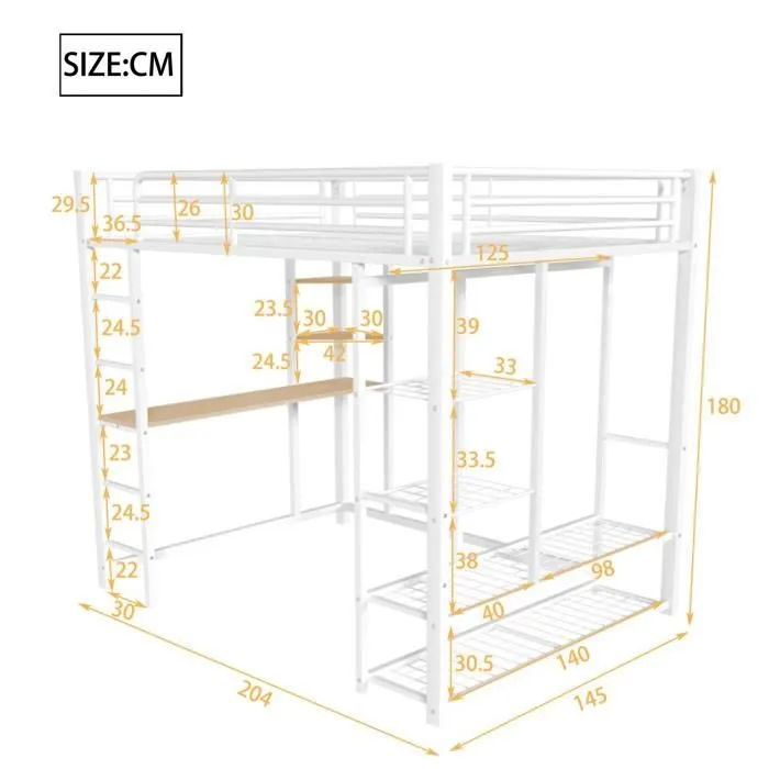 Lit mezzanine - Métal - 140x200 cm - Blanc - Avec table et étagères - 1 place-1