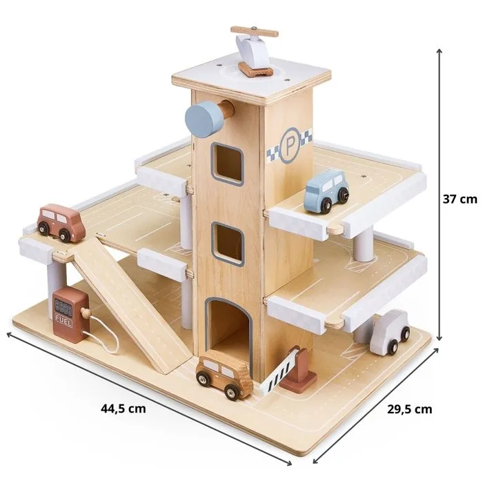 Mamabrum Garage pour Voitures en Bois – Parking avec Piste d'Atterrissage 4 Voitures 1 Hélicoptère 1 Pompe à Essence & Accessoires-5