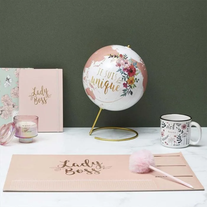 Globe Terrestre Déco "Girly" 29cm Blanc & Rose-2