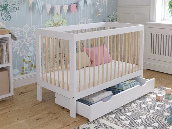 Lit Bebe Evolutif avec tiroir en Bois Pin Blanc 120x60cm, Transformable en Un Canapé-lit avec Une Barrière de Sécurité-3