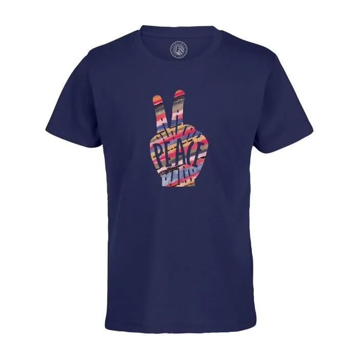 T-shirt Enfant Bleu Paix Illustration Peinture Signe Main Hippie Couleurs-0