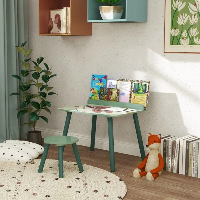 Ensemble table et chaise enfant - AIYAPLAY - avec porte-livres - motifs d'ours - pour enfants 3-8 ans - pour chambre, salon - vert-2